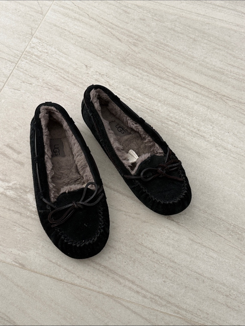 UGG Black Suede Moccasin Slippers with Bow size 6